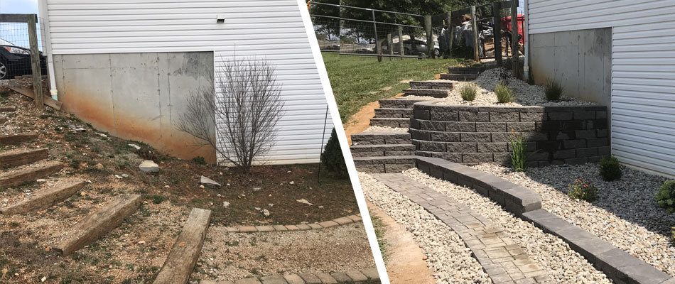 Before and after photo of new steps and retaining wall at a home in Louisville, KY.